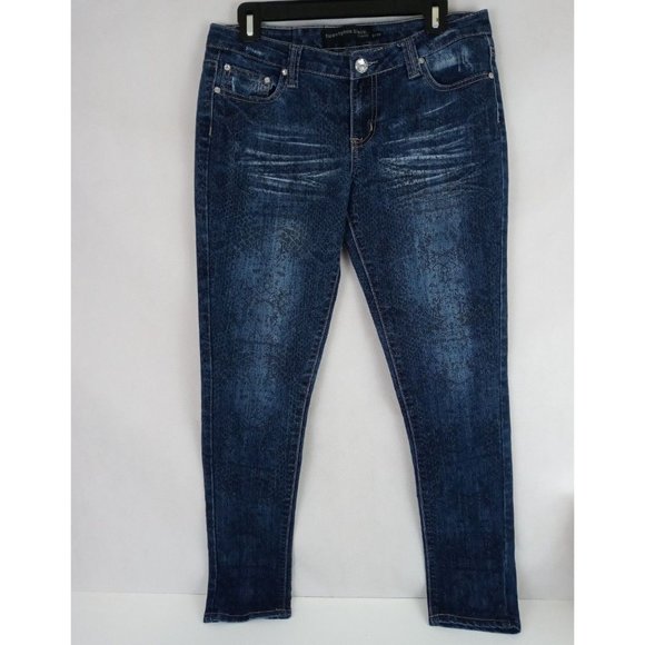 Twentyone Black Distressed Whiskered Skinny Jeans With Snakeskin Design 9/10R - Picture 2 of 9
